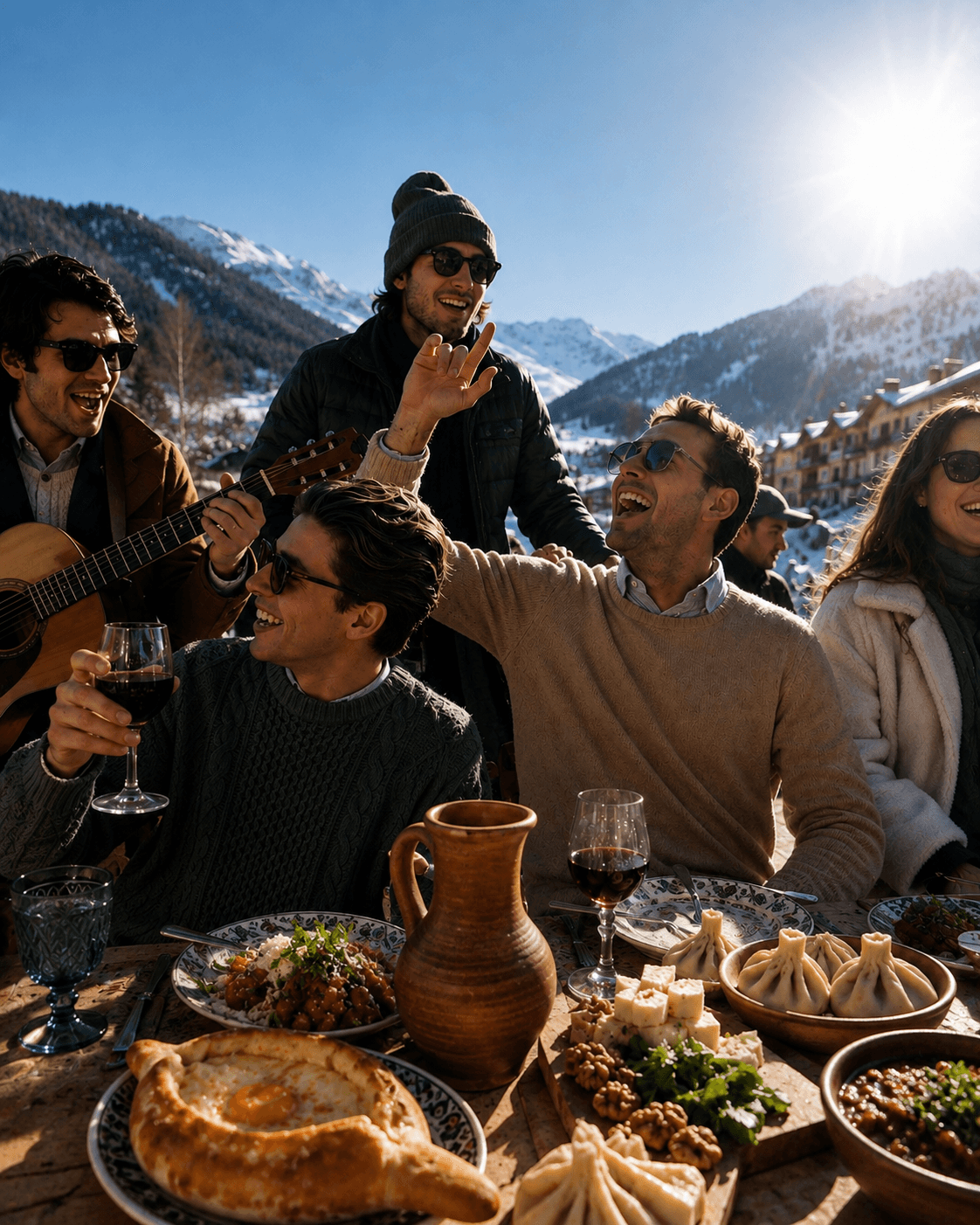 Friends sharing a Georgian meal in the snowy mountains
