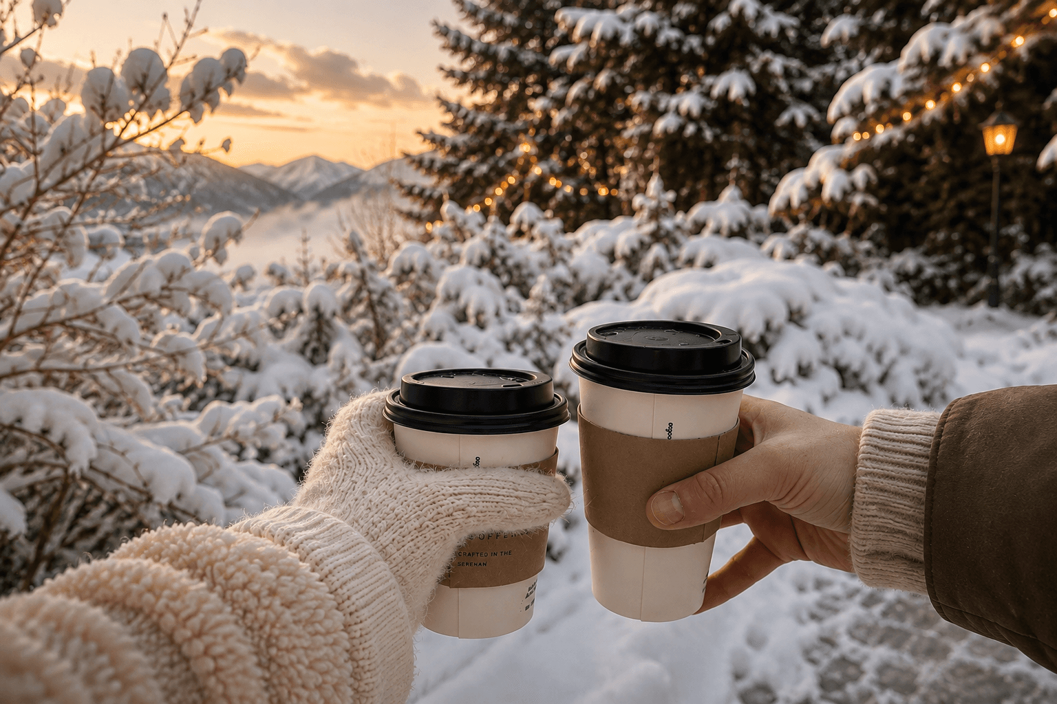 Two couples holding coffee cups in the snow