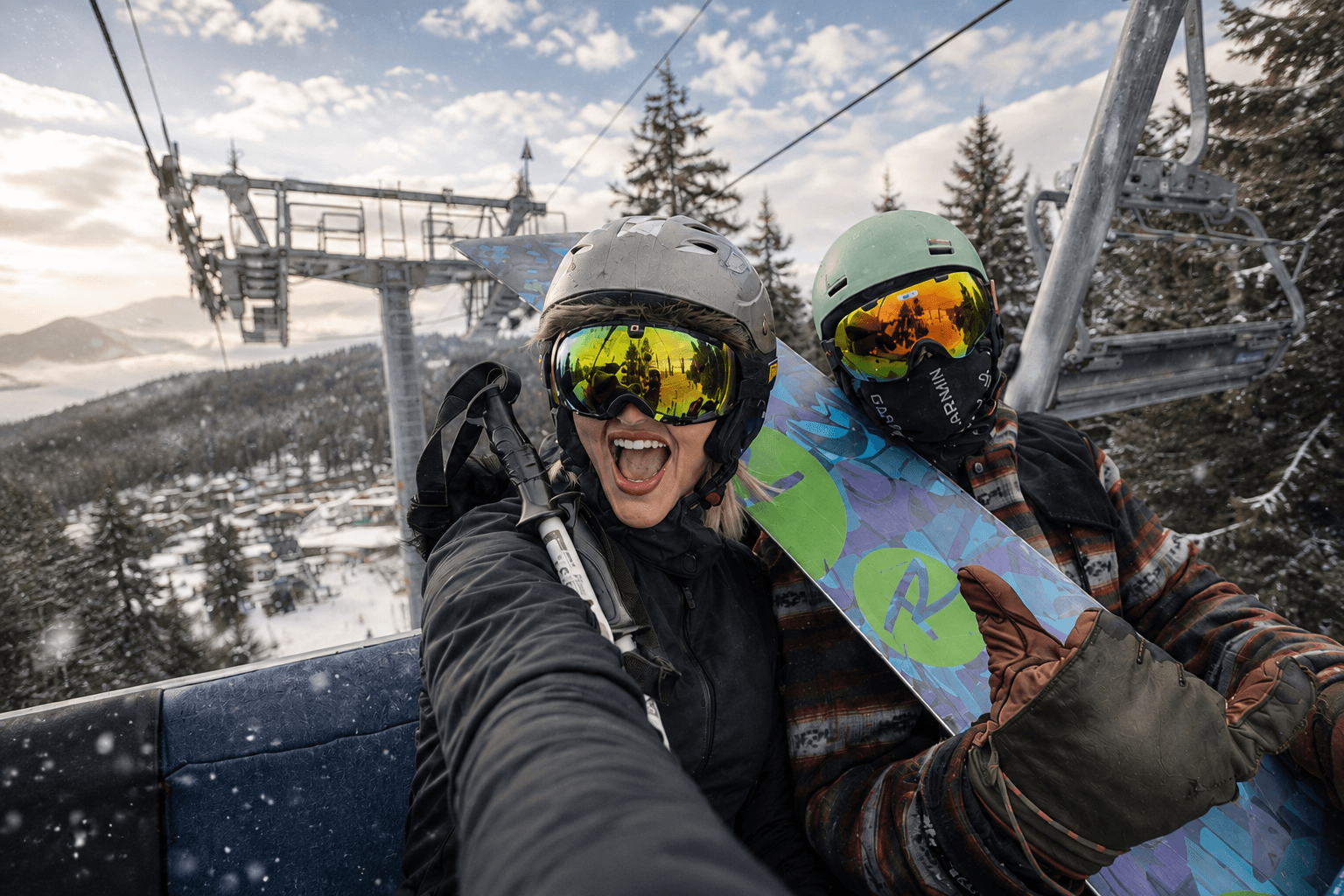 Couple riding a ski lift with a snowboard
