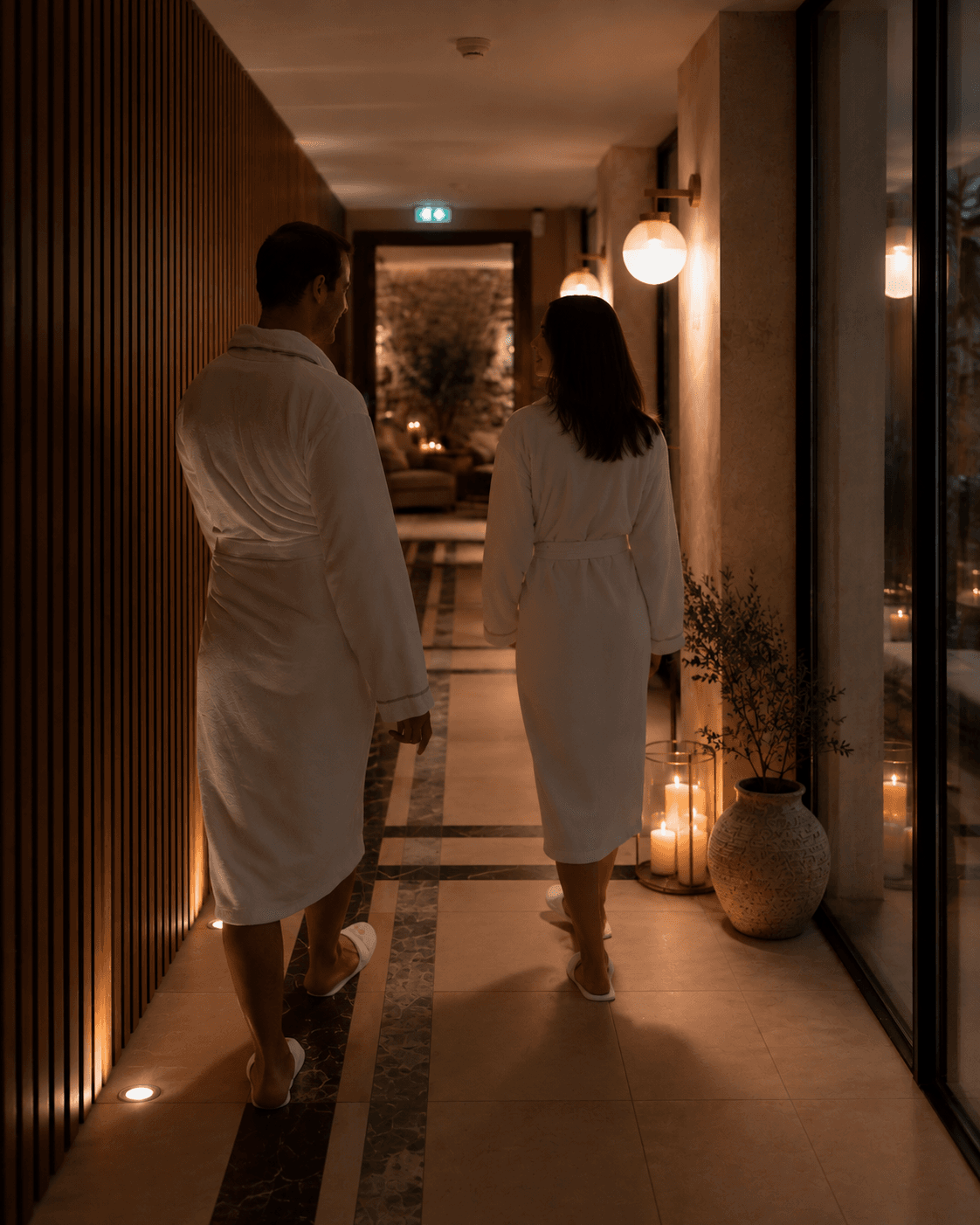 Couple walking through a warmly lit spa