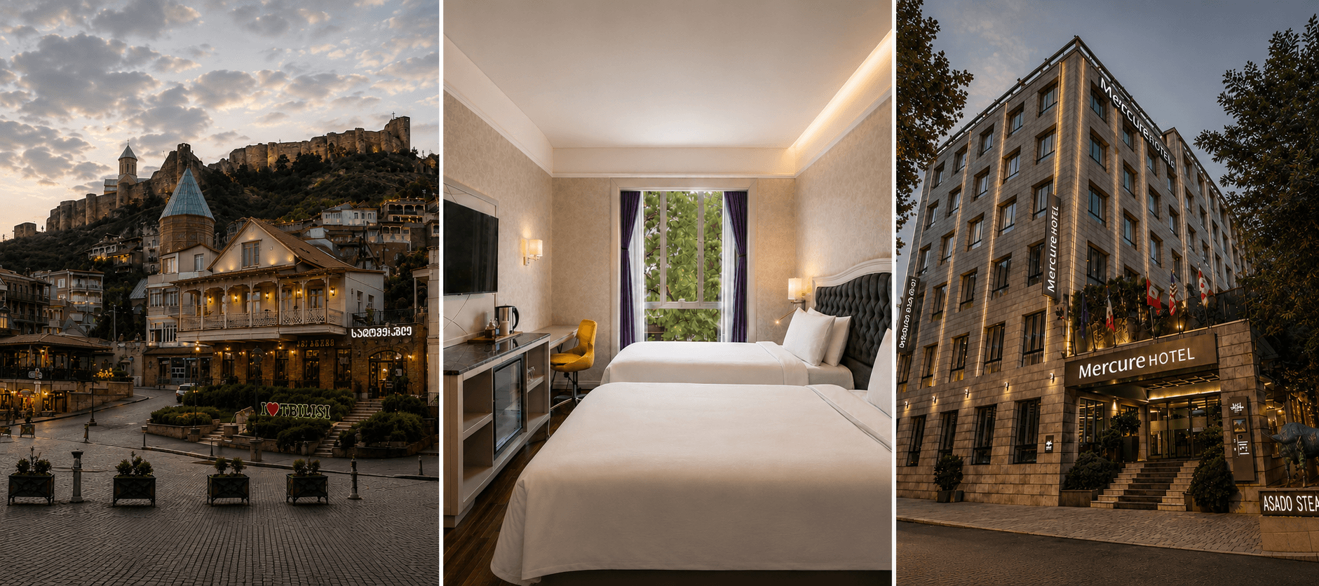 Tbilisi Old Town, Mercure hotel room and hotel exterior