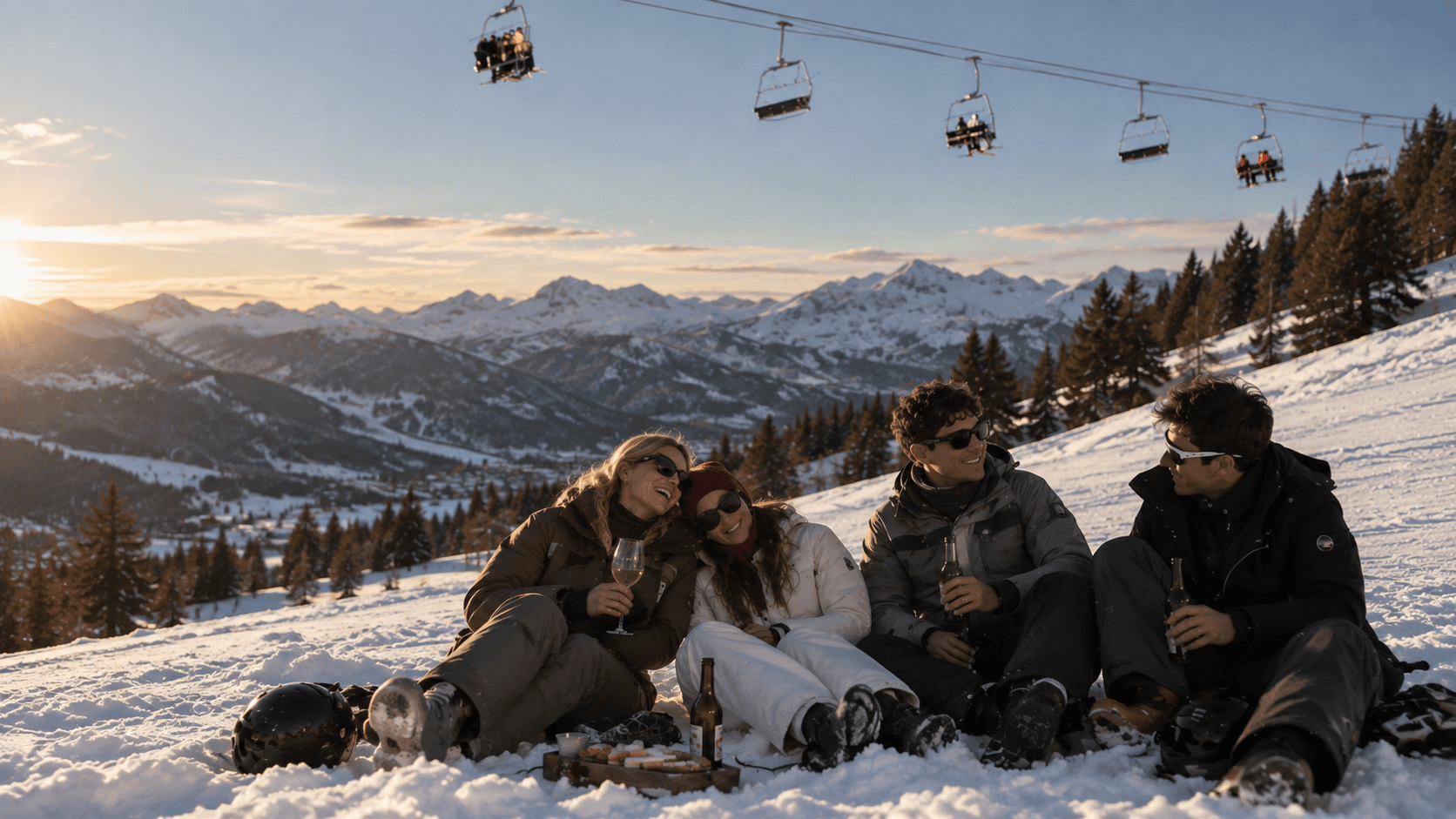 Two couples relaxing together on a snowy ski slope