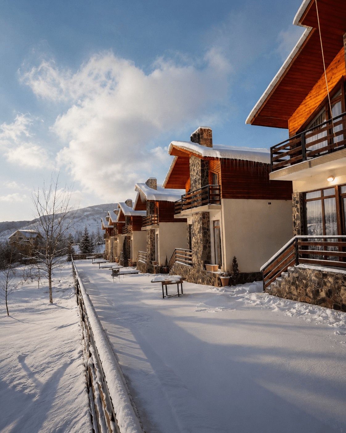 Long row of Villa Mtashi buildings in the snow
