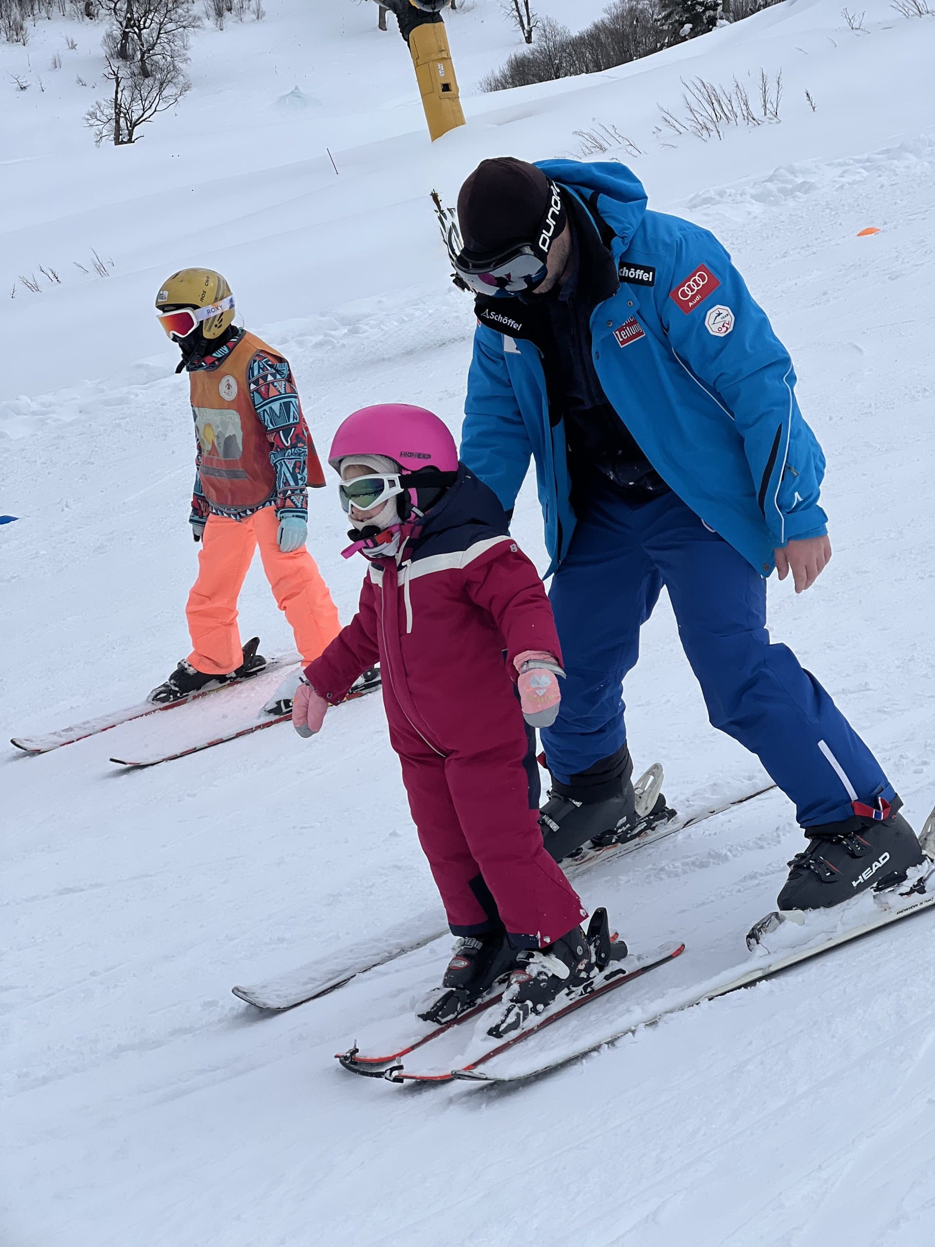 Young skier receiving instruction on a snowy beginner slope.