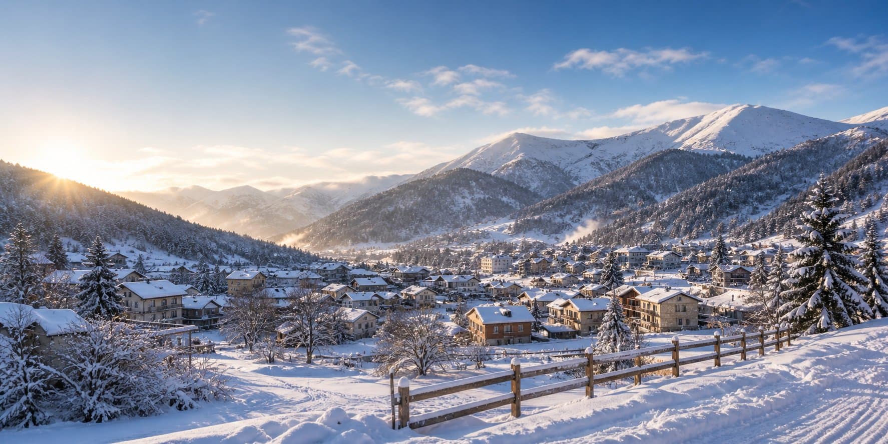 Snowy ski resort and surrounding mountains at sunset.