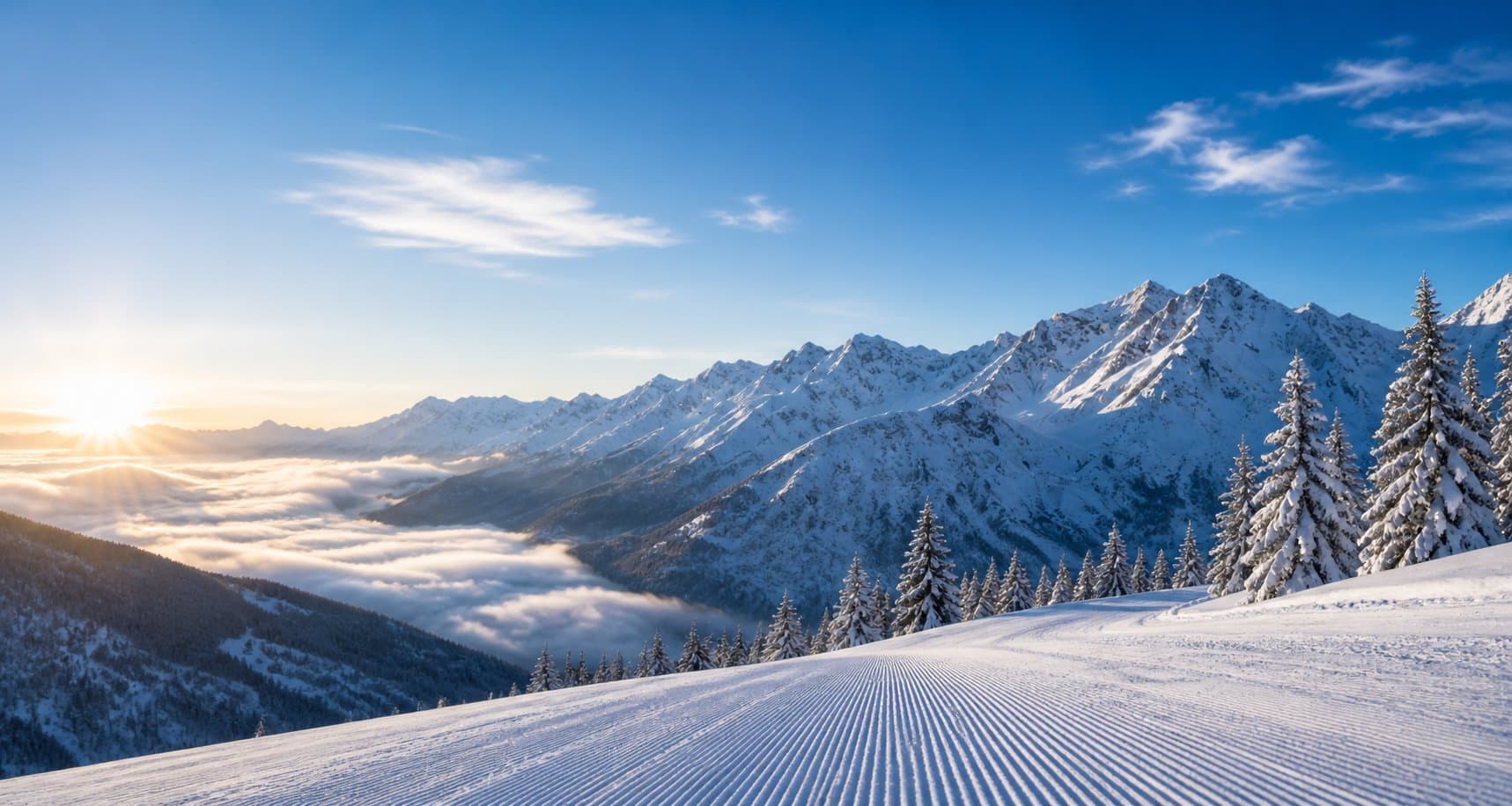 Wide view across snow-covered Georgian mountains.