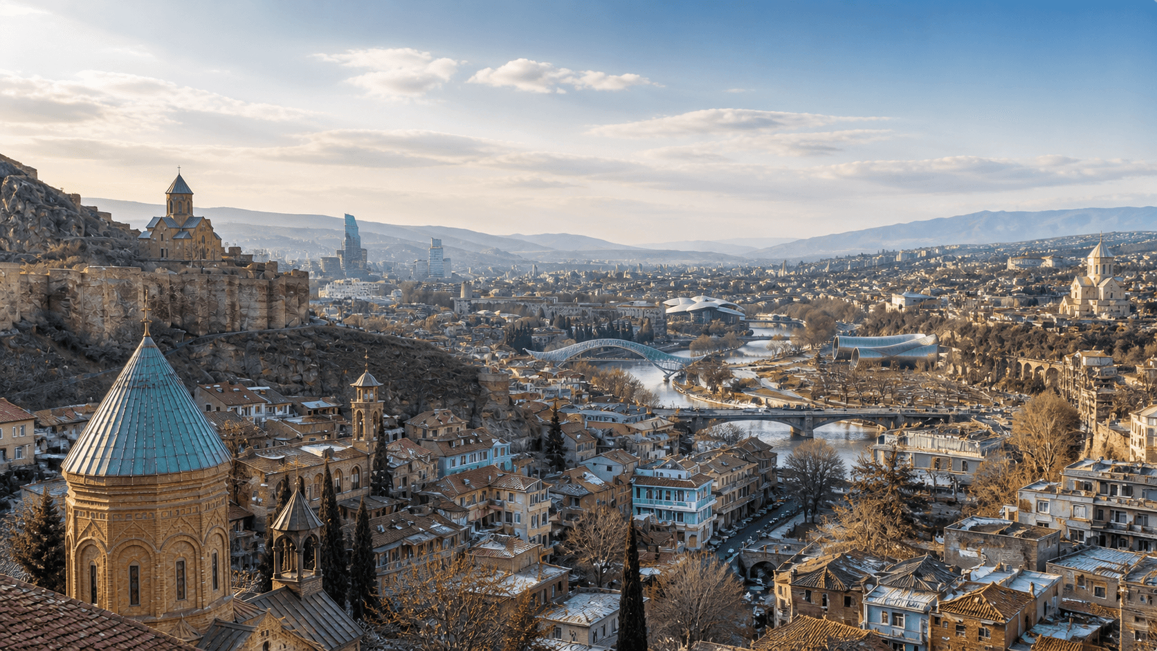AI-generated panoramic cityscape representing Tbilisi