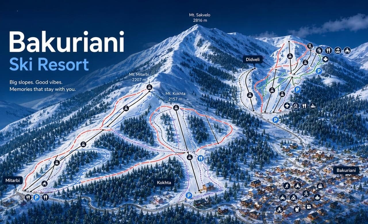 Illustrated Adventure Georgia map showing Bakuriani town and the Didveli, Kokhta and Mitarbi ski areas