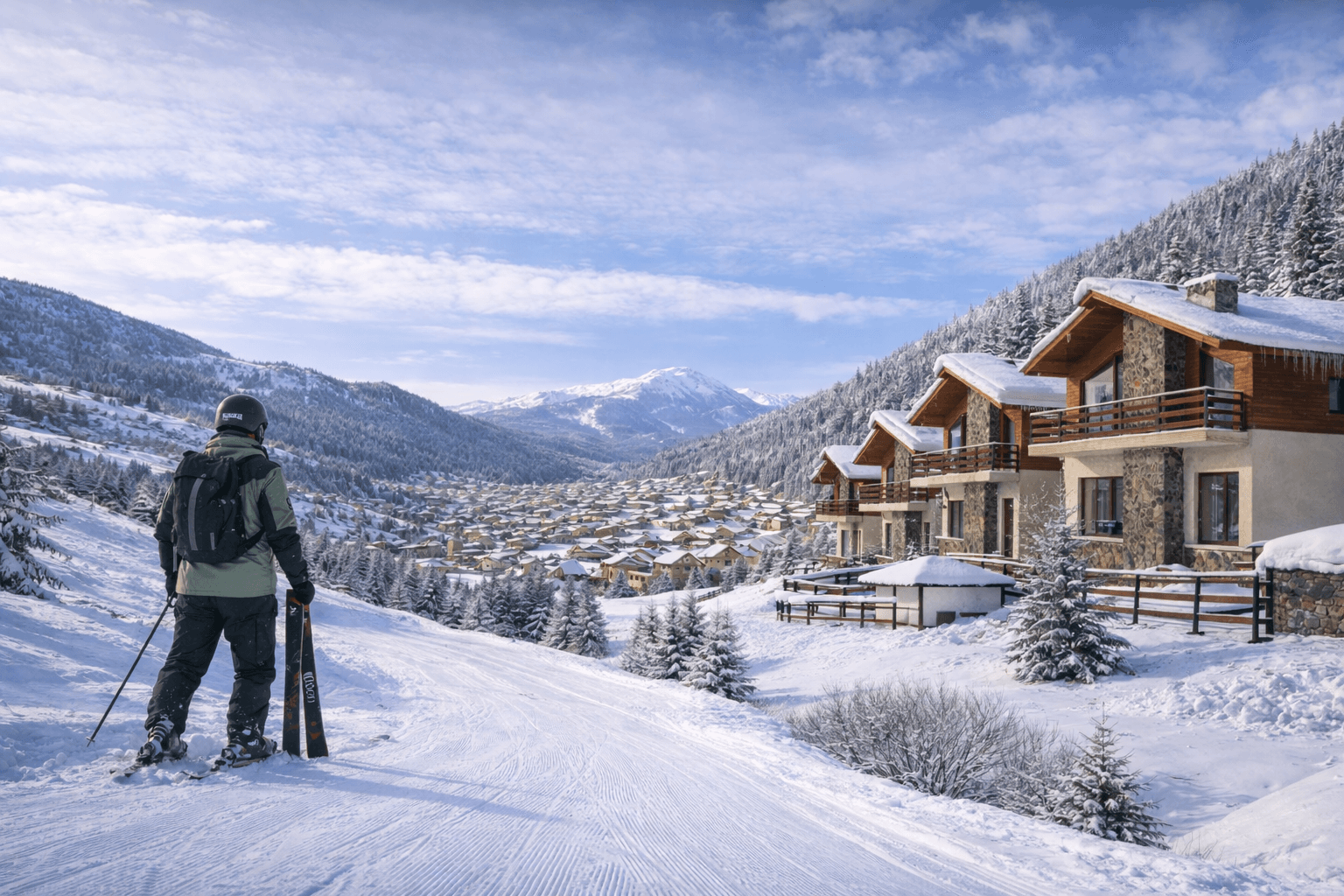 AI-generated winter scene of a skier overlooking a Georgian mountain village