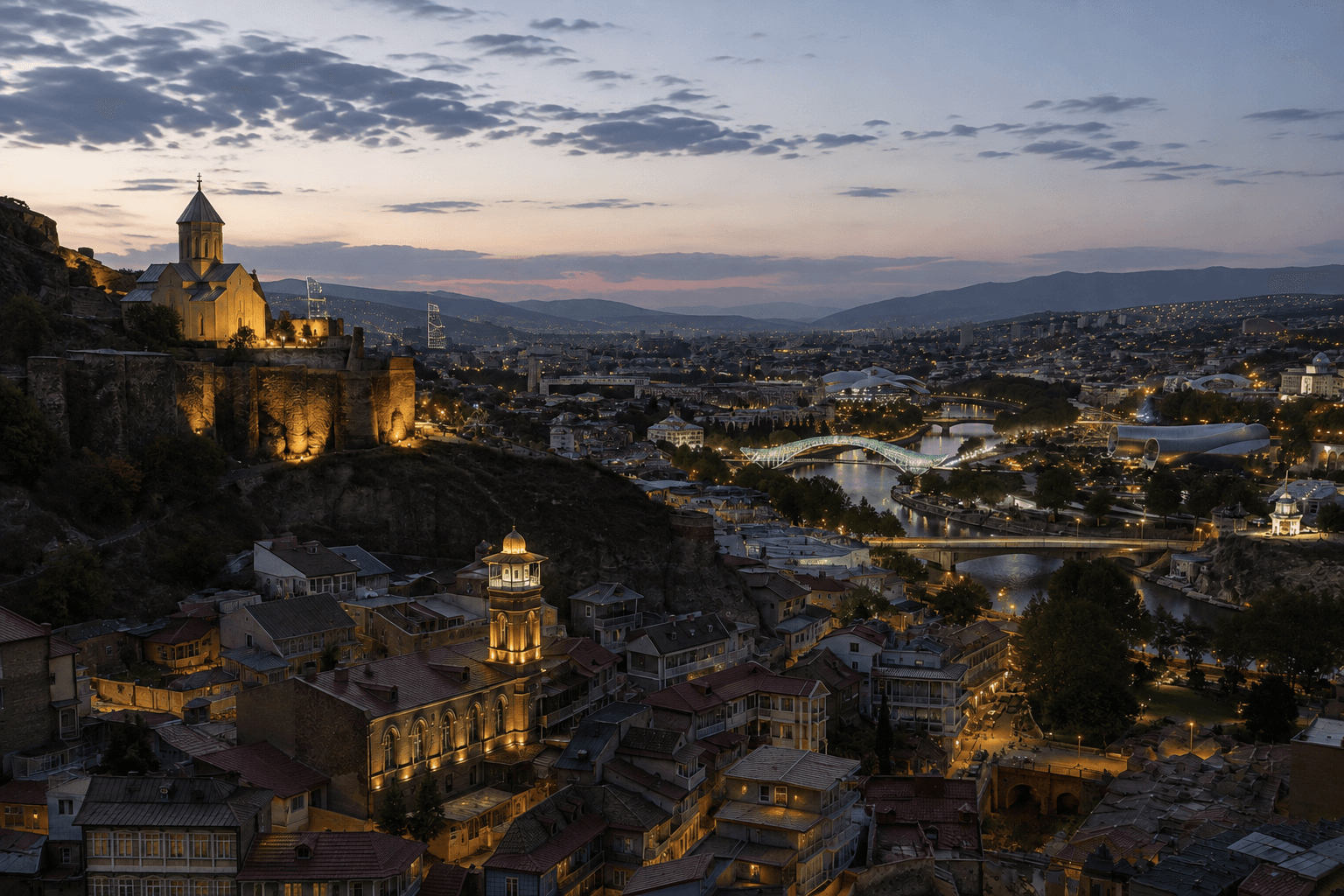 Evening panorama of Tbilisi overlooking the Mtkvari River and Bridge of Peace