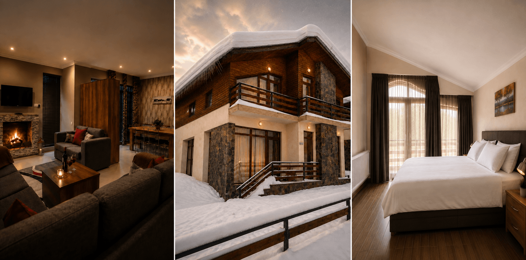 Villa Mtashi living area, snow-covered villa and bedroom