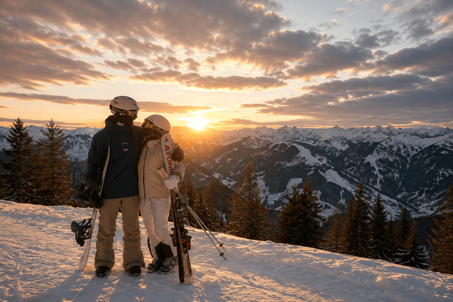 Couple standing together on a snowy mountain at sunset