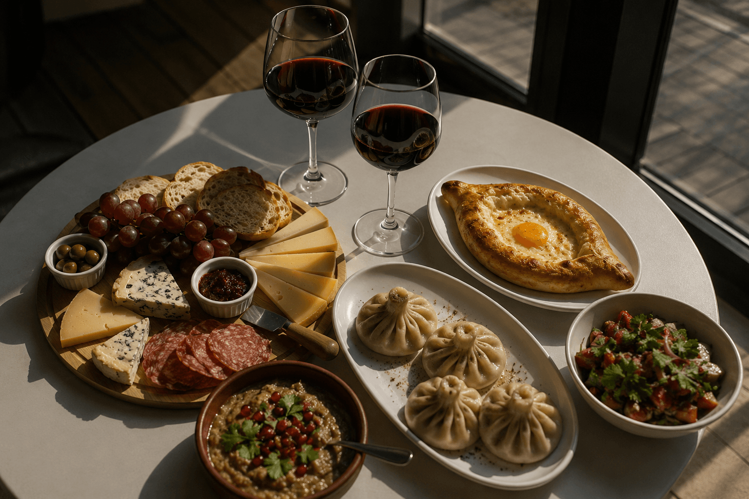 Georgian food and wine served at a table