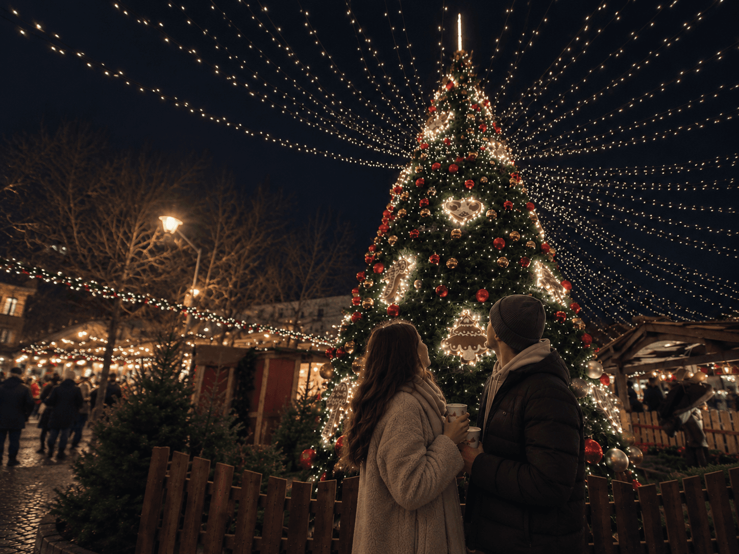 Couple beneath a lit Christmas tree in Tbilisi